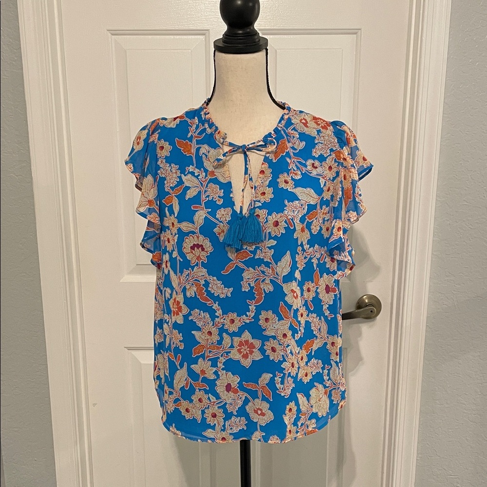 Jessica Simpson Blue Floral Blouse with Ruffle Sleeves